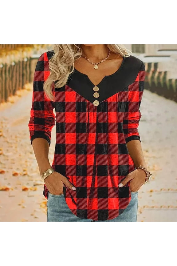 Black and Friday Clothing Sales Idoravan Long Sleeve Shirts for Women Winter Women's Fashion Deep V- Neck Button Long Sleeve Blouse Shirt Red XXXL