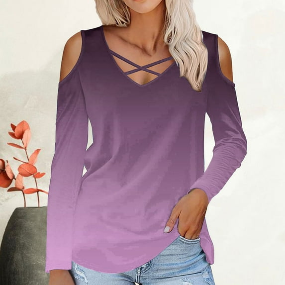 Black and Friday Clothing Sales Idoravan Long Sleeve Shirts for Women Winter Women's Printed Off Shoulder Fashion Long Sleeve Top Purple L