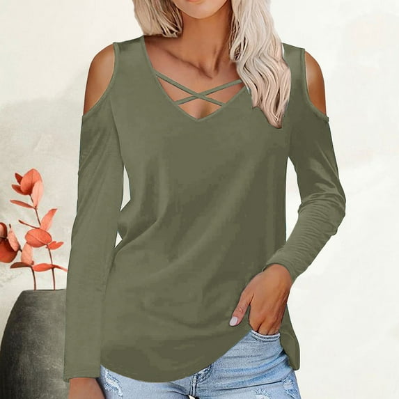 Black and Friday Clothing Sales Idoravan Long Sleeve Shirts for Women Winter Women's Solid Off Shoulder Fashion Long Sleeve Top Khaki XL