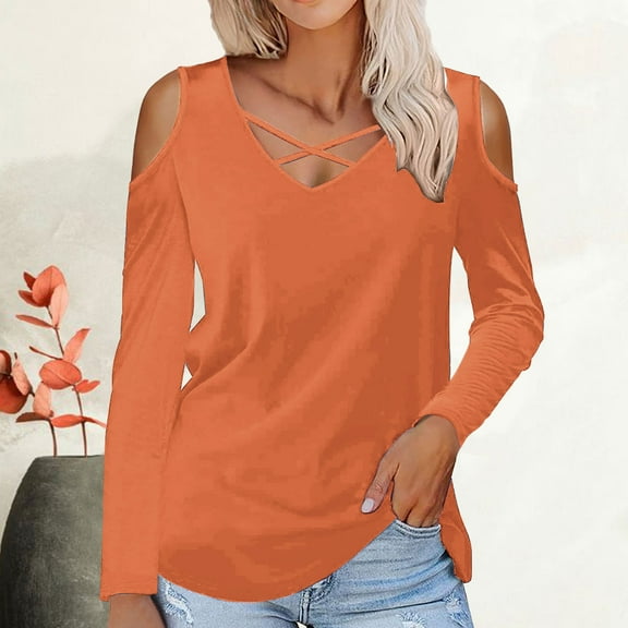 Black and Friday Clothing Sales Idoravan Long Sleeve Shirts for Women Winter Women's Solid Off Shoulder Fashion Long Sleeve Top Orange XXL