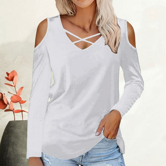 Black and Friday Clothing Sales Idoravan Long Sleeve Shirts for Women Winter Women's Solid Off Shoulder Fashion Long Sleeve Top White XXL