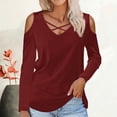thumbnail image 1 of Black and Friday Clothing Sales Idoravan Long Sleeve Shirts for Women Winter Women's Solid Off Shoulder Fashion Long Sleeve Top Wine M, 1 of 4
