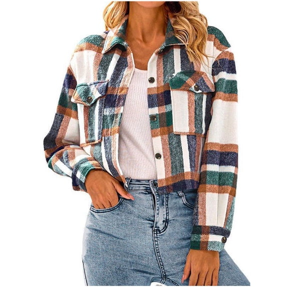 Black and Friday Clothing Sales Idoravan Plaid Shirts for Women Winter Jacket Women's Lapel Pocket Fashionable Casual Short Plaid Jacket Green M