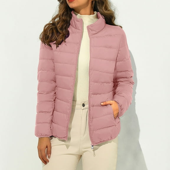 Black and Friday Clothing Sales Idoravan Women's Quilted Puffer Coat,Women Casual Solid Jacket Outdoor Plus Size Windproof Loose Coat Pink M