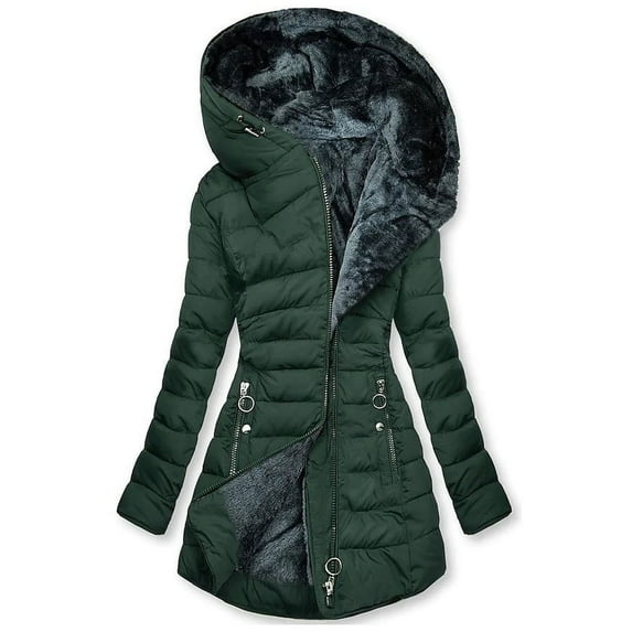 Black and Friday Clothing Sales Idoravan Women's Quilted Puffer Coat,Women's FALL and Winter Clothing, Solid Color Hooded Plush Cotton Green M