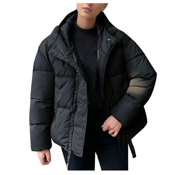 Black and Friday Clothing Sales Idoravan Women's Quilted Puffer Coat,Women's Fall and Winter Long Sleeved Warm Cotton Jacket Bread Black XL
