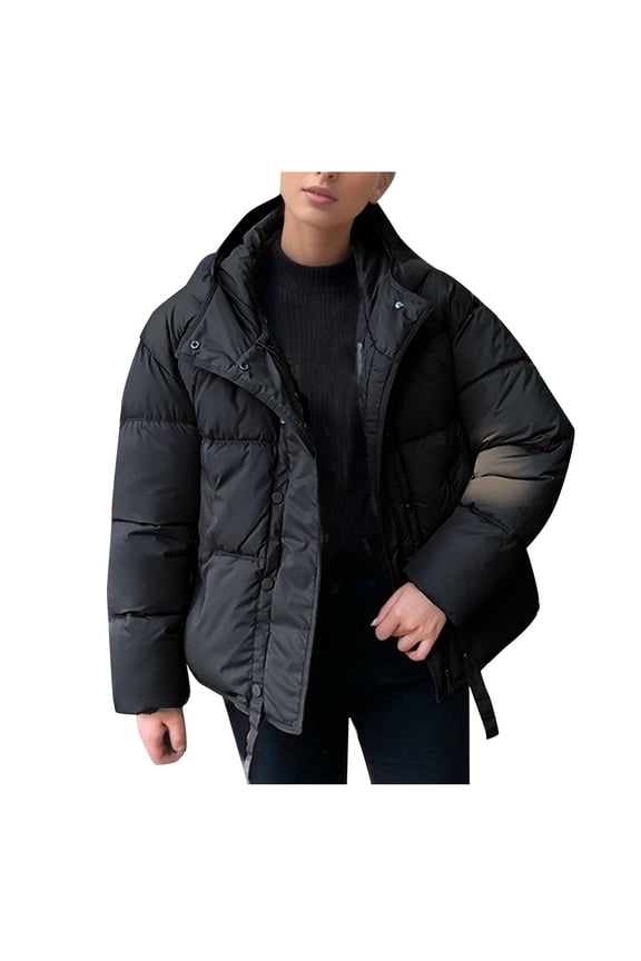 Black and Friday Clothing Sales Idoravan Women's Quilted Puffer Coat,Women's Fall and Winter Long Sleeved Warm Cotton Jacket Bread Black XL