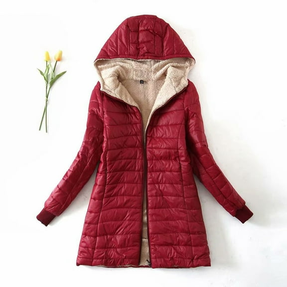 Black and Friday Clothing Sales Idoravan Women's Quilted Puffer Coat,Women's Plus Fleece Cotton Jacket Warm Lamb Fleece Top Coat Sweater Coat Red M