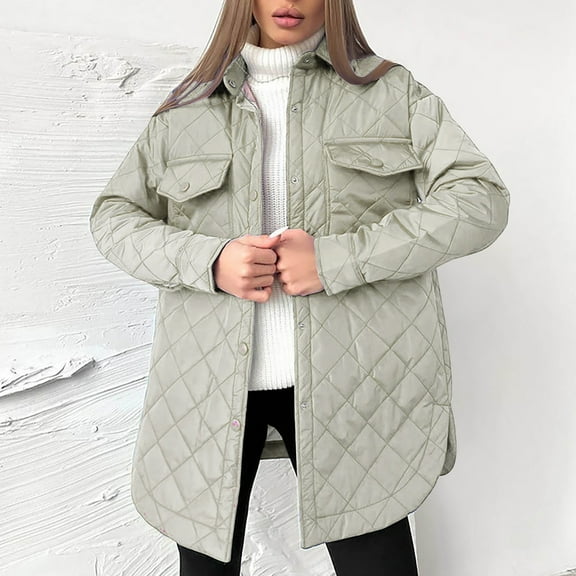 Black and Friday Clothing Sales Idoravan Women's Quilted Puffer Coat,Womens Warm Solid Hoodless Jacket Slim Winter Parkas Outwear Gray M