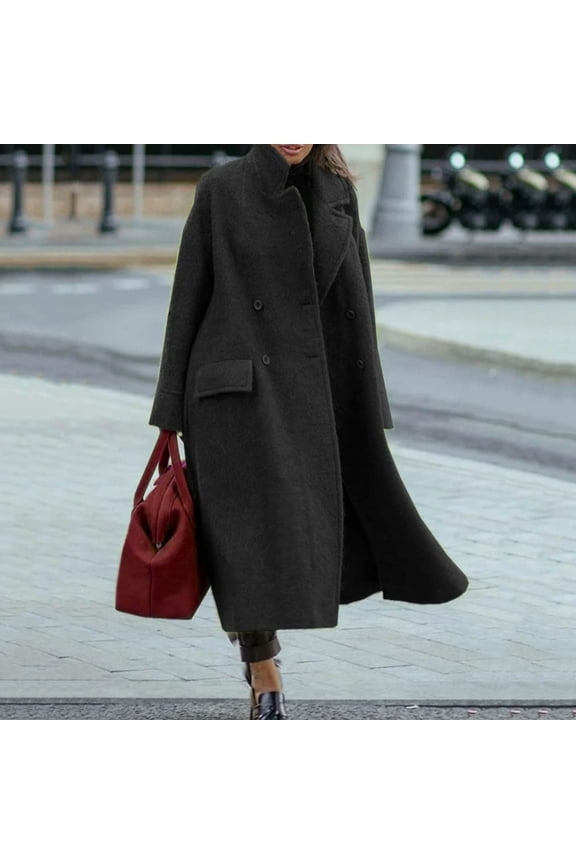 Black and Friday Clothing Sales Idoravan Woolen Coat for Women Clearance Women's Fall and Winter Straight Cardigan Button Pocket Coat Black S