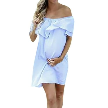 asdoklhq Maternity Dresses for WomenWomen Maternity Off Shoulder Pregnancy Solid Sundress Dress