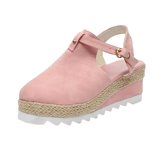 Black and Friday/Cyber·Monday Deals asdoklhq Wedges for Women Women Sandals Vintage Wedge Buckle Strap Straw Thick Bottom Flats Female Shoes Pink 35