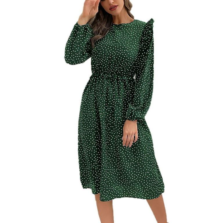 Black and Friday/Cyber·Monday Deals asdoklhq Woman Clothes  Clearance,Women's Long Sleeve Round Neck Dot Printed Ruffles Casual Button  Dress