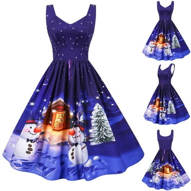 asdoklhq Woman Plus Size Clearance Dresses,Christmas Printed Sleeveless Draw Back Swing Party Dress