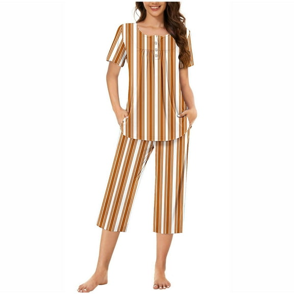 2PC Women's Short Sleeve Sleepshirt And Pants Sets Loungewear Pajamas With Pockets Gift for Women