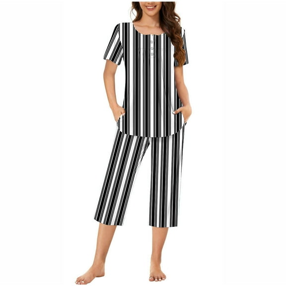 2PC Women's Short Sleeve Sleepshirt And Pants Sets Loungewear Pajamas With Pockets Gift for Women