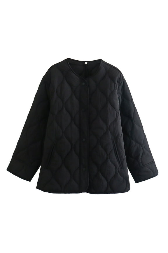 2023 Charella Women's Collarless Winter Coats Button down Lightweight Warm Quilted Jackets with Pockets Black,L