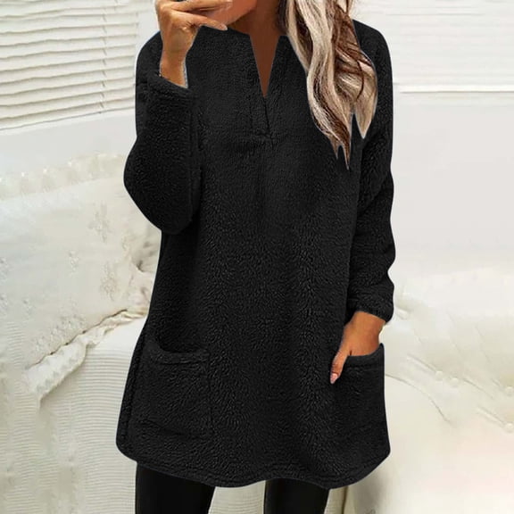 2023 Charella Women's V-Neck Fuzzy Pullover Sweatshirt Soft Winter Warm Fleece Coat with Pockets Black,XXXL
