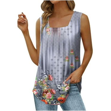 JINMGG Women's Summer Casual Tank Tops Loose Fit Pleated Square Neck Sleeveless Shirts Tops Gray XL