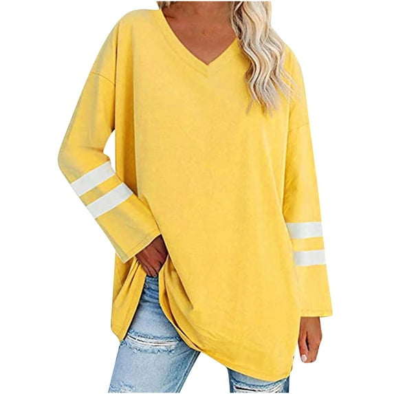 2025 Clearance! Clearance under $5 asdoklhq Plus Size Long Blouses,Women's Casual V-Neck Long Sleeve Solid Loose Shirt Blouse Tops