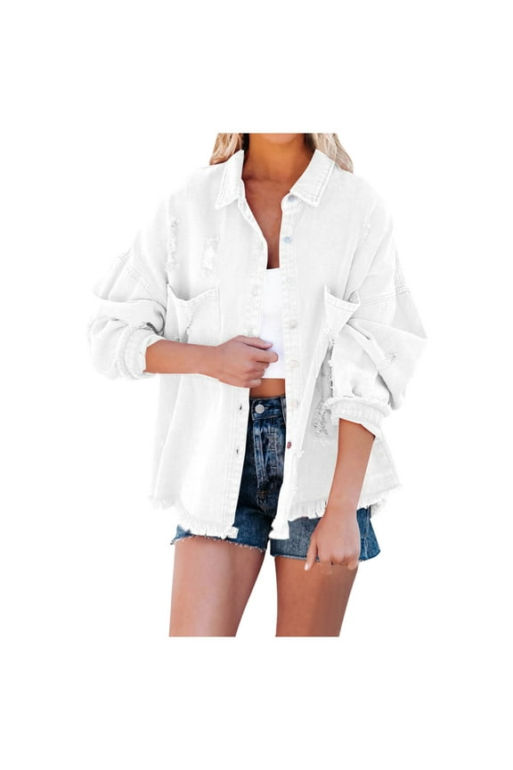 2023 Cotonie Plus Size Casual Womens Ladies Denim Oversize Jeans Chain Jacket pocket Coat,White,L
