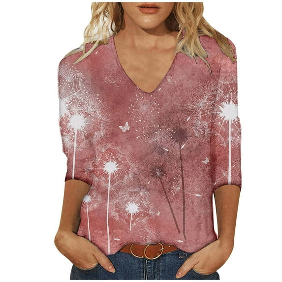Black and Friday Deals 2023 Cotonie Women's Coloured Printed T-shirt 3/4 Sleeves Pullover V-Neck Blouse 2023 Trendy Casual Tops,Red,M