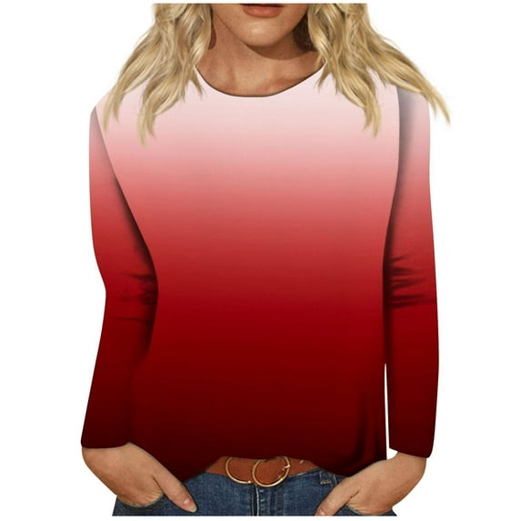 Black and Friday Deals 2023 Cotonie Women's Gradient Color Sweatshirt Long Sleeve T-shirt Round Neck Pullover 2023 Trendy Casual Tops,Red,L