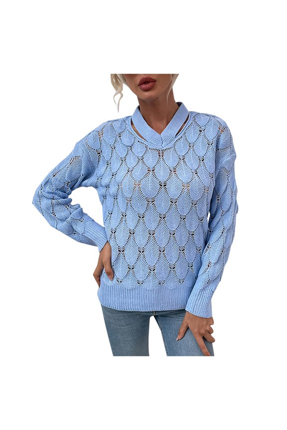 2023 Cotonie Women's Winter Collar Strapless Sweater Long Sleeve Halter V-Neck Hollow 2023 Trendy Casual Tops,Light Blue,XL