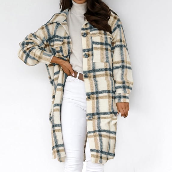 FAVIPT 2024 Womens Lounge Plaid Lapel Woolen Button Up Long Shirts Coat Casual Long Sleeve Tartan Shacket Jacket with Pockets