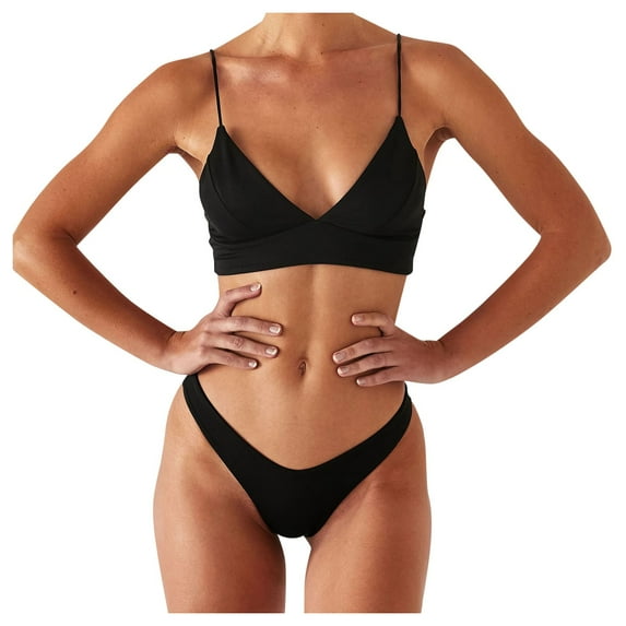 2025 Clearance! asdoklhq Womens One Piece Swimsuits Clearance,Solid Push Up High Cut Lace Up Halter Bikini Set Two Piece Swimsuit