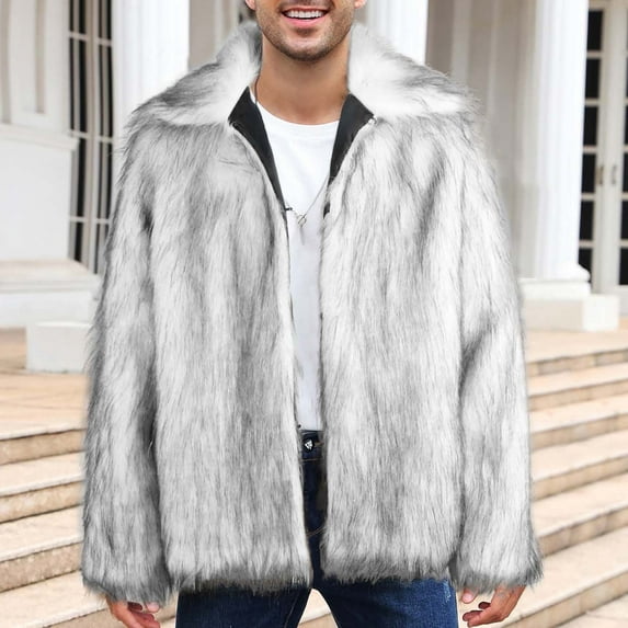 PiGOGI Men's Sport Coats Mens Warm Faux Furry Long Coat Jacket Winter Solid V-neck Outerwear Gray