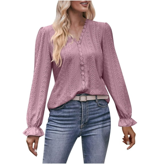 LEAVINGSUO Long Blouses for Women Women's Fashion Solid V-Neck Long Sleeve Loose T-Shirt Top