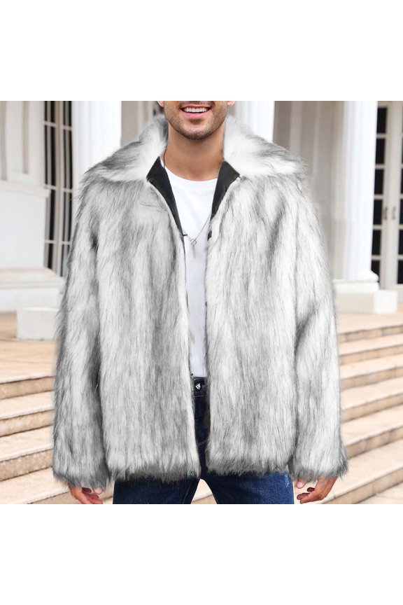 Men's Sport Coats Mens Warm Faux Furry Long Coat Jacket Winter Solid V-neck Outerwear Gray