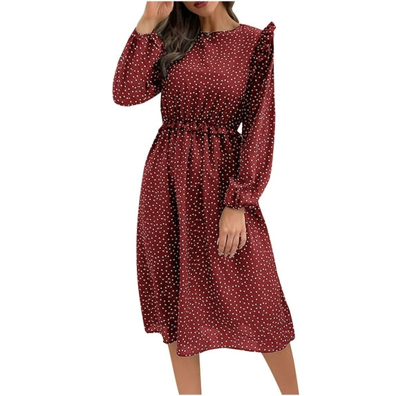 Black and Friday Deals 50% Off Clear! asdoklhq Woman Clothes Clearance,Women's Long Sleeve Round Neck Dot Printed Ruffles Casual Button Dress