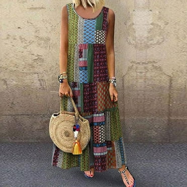 50% Off Clear! asdoklhq Woman Plus Size Clearance Dresses,Long Dress Sleeveless O-Neck Printed Retro Dress
