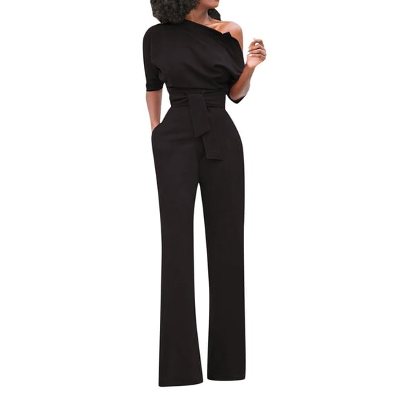 Black and Friday Deals 50% Off Clear! asdoklhq Womens Jumpsuits and Rompers,Solid Off Shoulder Short Sleeve With Belt Slim Jumpsuit