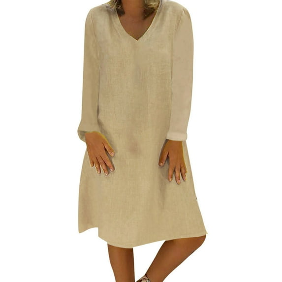 50% Off Clear! asdoklhq Womens Plus Size Clearance Dresses Women Casual V-Neck Solid Long Sleeve Cotton Linen Dress