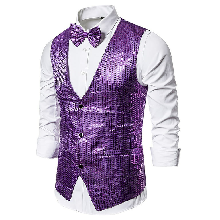 Blueek Men's Autumn and Winter Fashion Personality Sequins Casual Vest Jacket, Size: Small, Purple