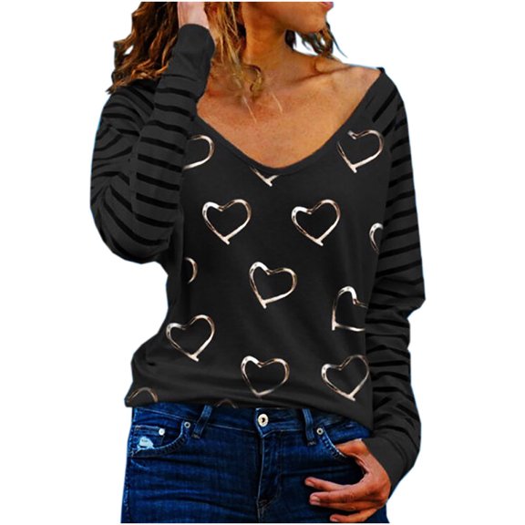under $10 Charella Women‘’s O-Neck Loose Casual Love Printing Long Sleeve Fashion T-shirt Black,XL