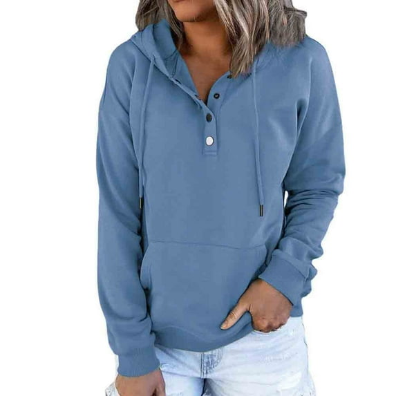 VERUGU Hoodies for Women Solid Long-Sleeve Sweatshirt Casual Blouse Pullover Tops Blue XXL