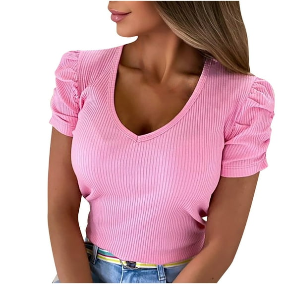 Black and Friday Deals Women Summer Tops Soft Ribbed Puff Sleeve Top V Neck Tshirts Dressy Casual Blouses for Women Shirts