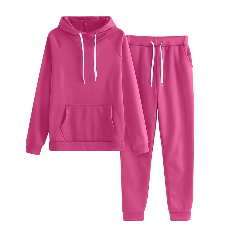 Black and Friday Deals Women's Two Piece Outfits Long Sleeve Sweatsuit  Drawstrings Waist Jogger Pants Lounge Matching Set with Pockets,Hot Pink,XL