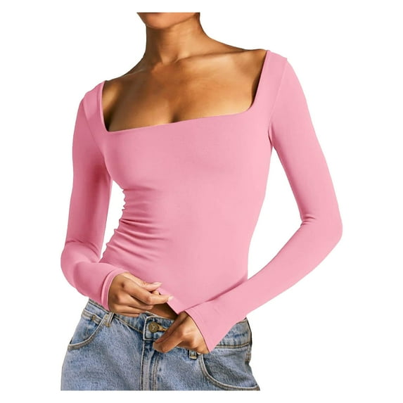Black and Friday Deals,Women's Wide Square Neck Tops Long Sleeve Slim Fit Y2k T Shirt Tunic Tops Plain Tee Workout Tops for Women (M, Pink)