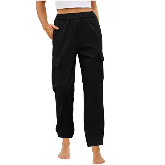 Black and Friday Deals Womens Cotton Pants Multi Pockets Elastic Waist Midweight Activewear Warm Wide Leg Cargo Sweatpant Straight Fit (M, Black)