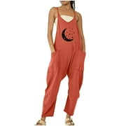 TIMEGARD Black and Friday Deals Womens Printed Dressy Jumpsuits Casual Sleeveless Spaghetti Strap Rompers Wide Leg Pants with Two Pockets