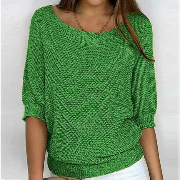 Fatuov Green Fall Sweaters for Women Clearance Knit Long Sleeve Crew Neck Pullover Sweaters Solid Color Fashion Sweater 4XL