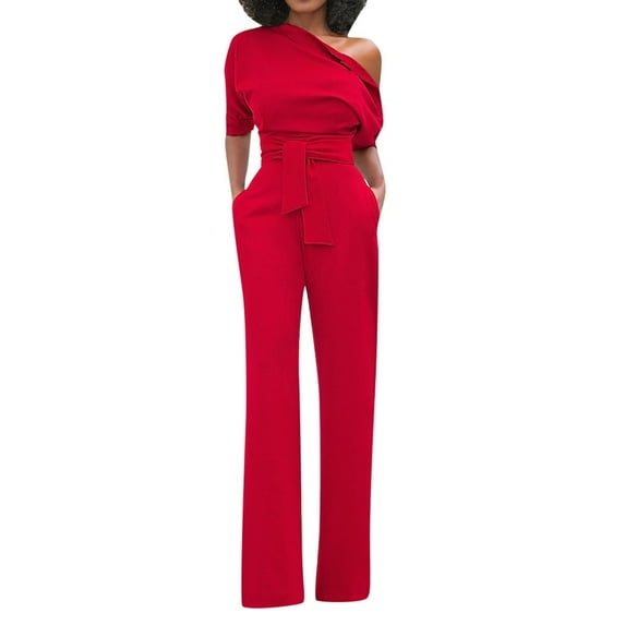 Black and Friday Womens Clothing Clearance under $5 asdoklhq Womens Jumpsuits and Rompers,Solid Off Shoulder Short Sleeve With Belt Slim Jumpsuit