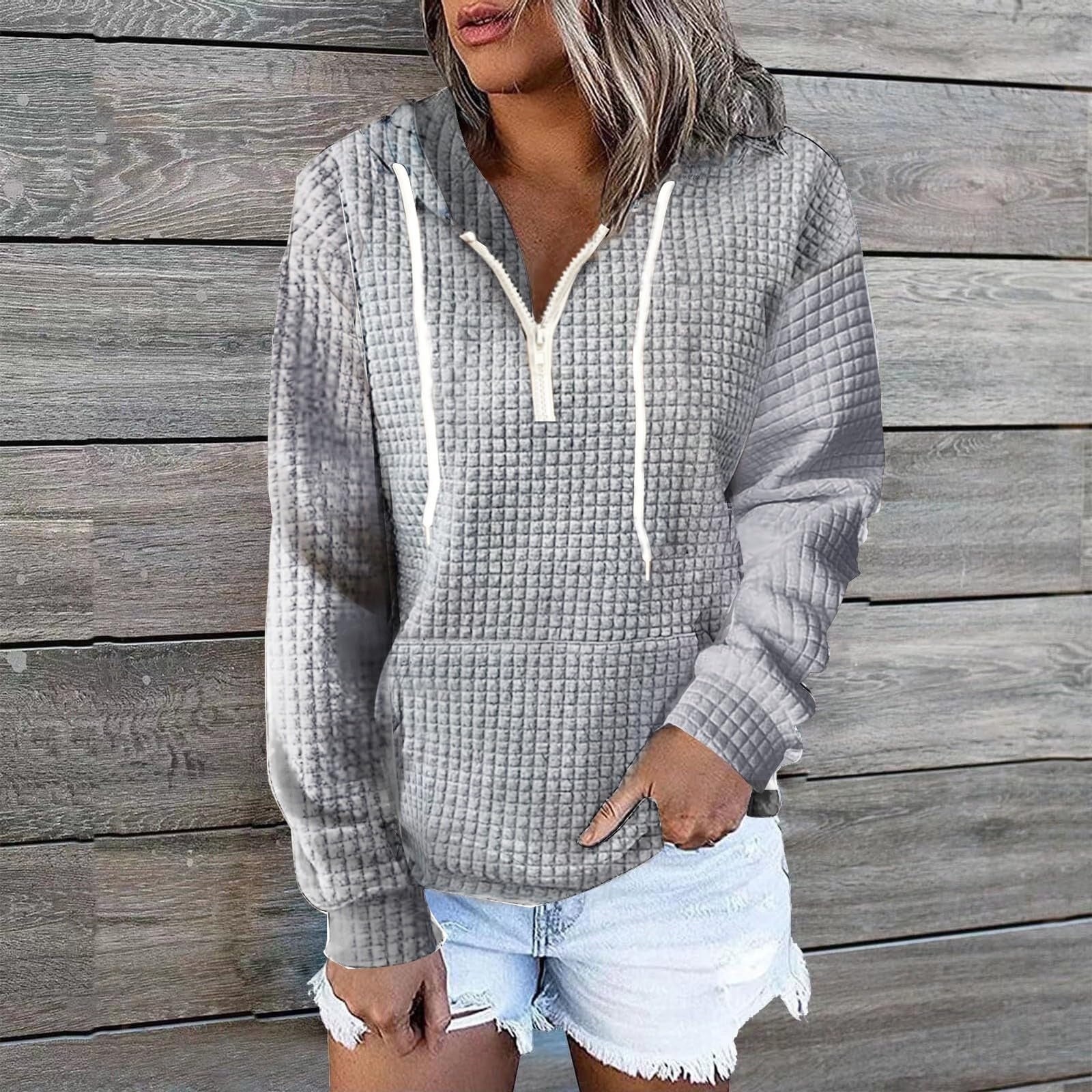 Black and Friday! YOTAMI Gray Hoodie for Women Solid Zipper Collar Fall