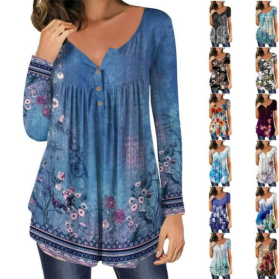 Black and Friday YOTAMI Long Sleeve Shirts for Women Under $10 Plus Size Fall Fashion Casual Winter Blouses Crewneck Tops Blue 2XL