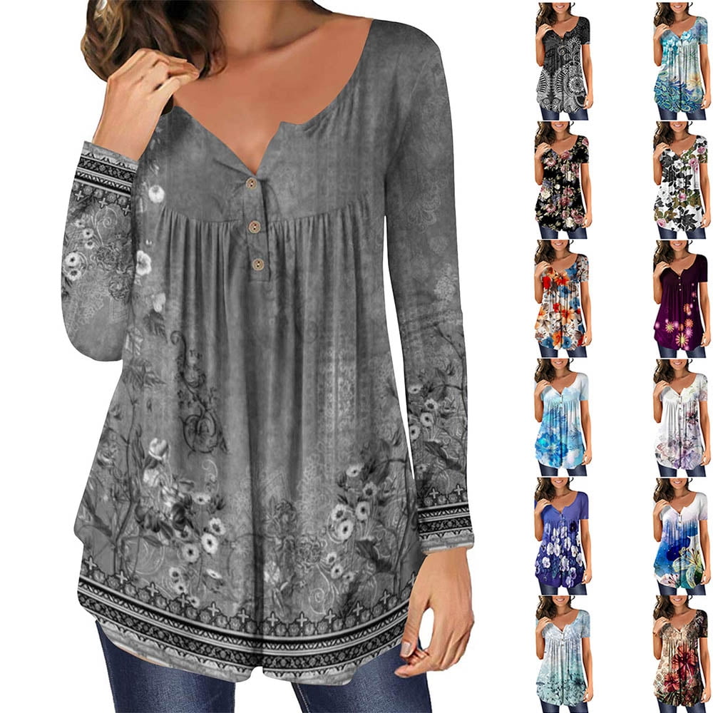 A.Jesdani Plus Size Tunic Top - Long Sleeve Floral Printed V-Neck Shirt For Women - View #10